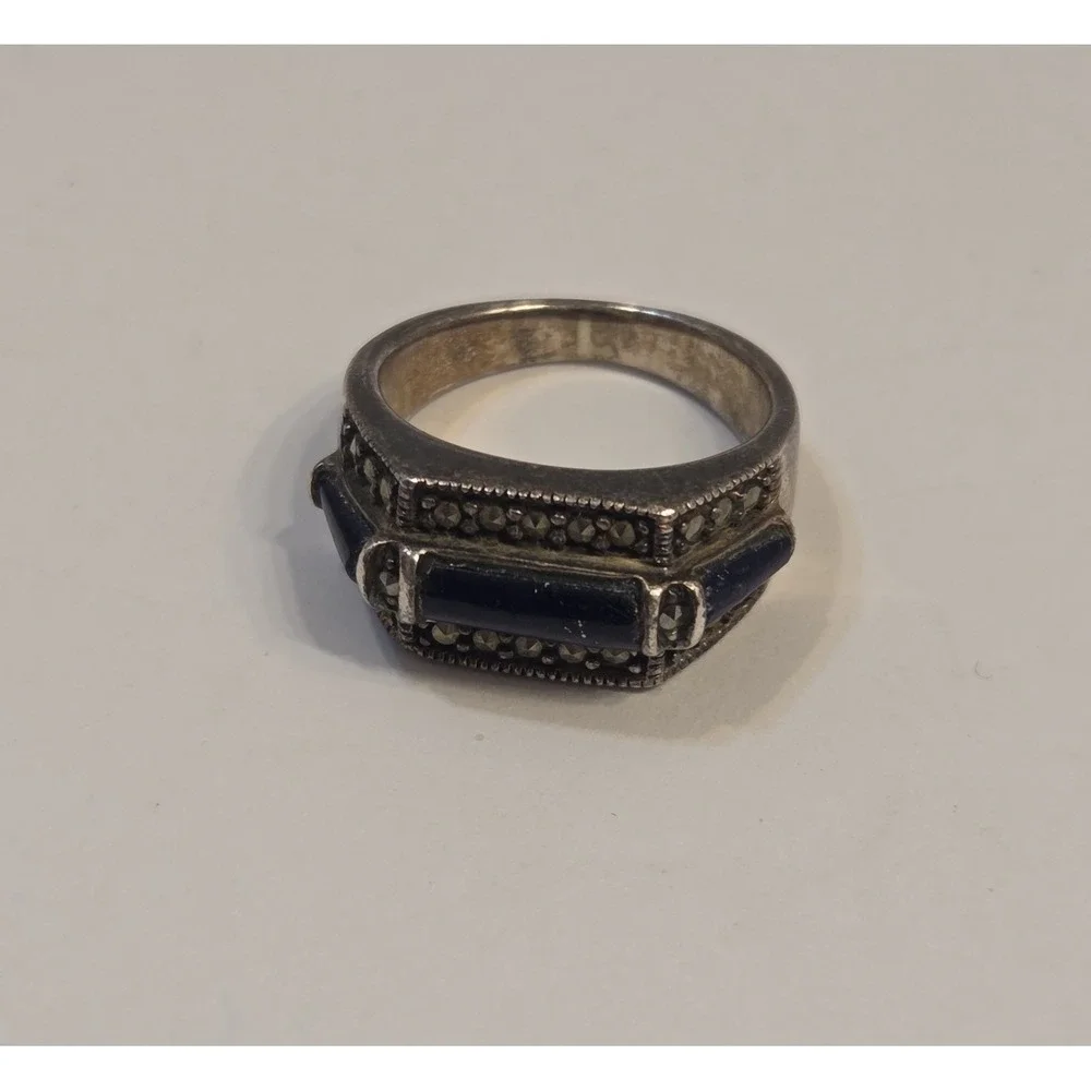 Vintage Art Deco Sterling Silver, Lapis Lazuli & Marcasite Statement Ring Size 6